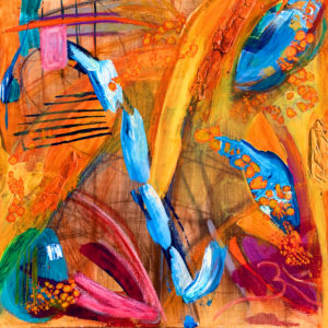 An abstract digital art print that features several abstract shapes on an orange background with blue, red, yellow and green highlights.