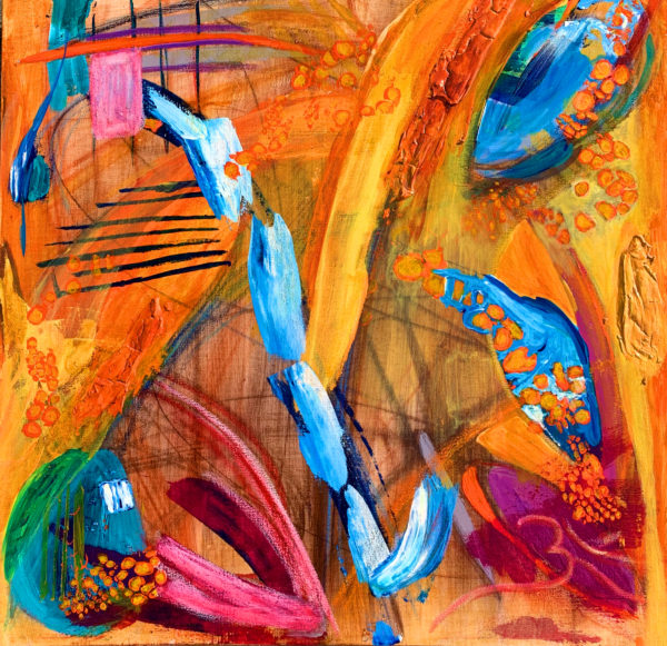 An abstract digital art print that features several abstract shapes on an orange background with blue, red, yellow and green highlights.