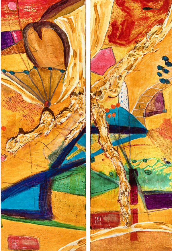An abstract digital art print that is a diptych and features several abstract shapes on an orange background with blue, red, yellow and green highlights.