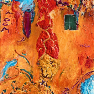 An abstract digital art print that features several windows on an orange background with blue highlights up in the upper left and bottom right corners. The image looks highly textured with a red protrusion in the middle.