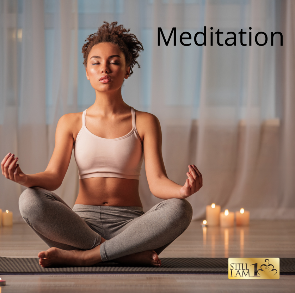 Woman sitting in lotus position meditating with 3 candles in the background.