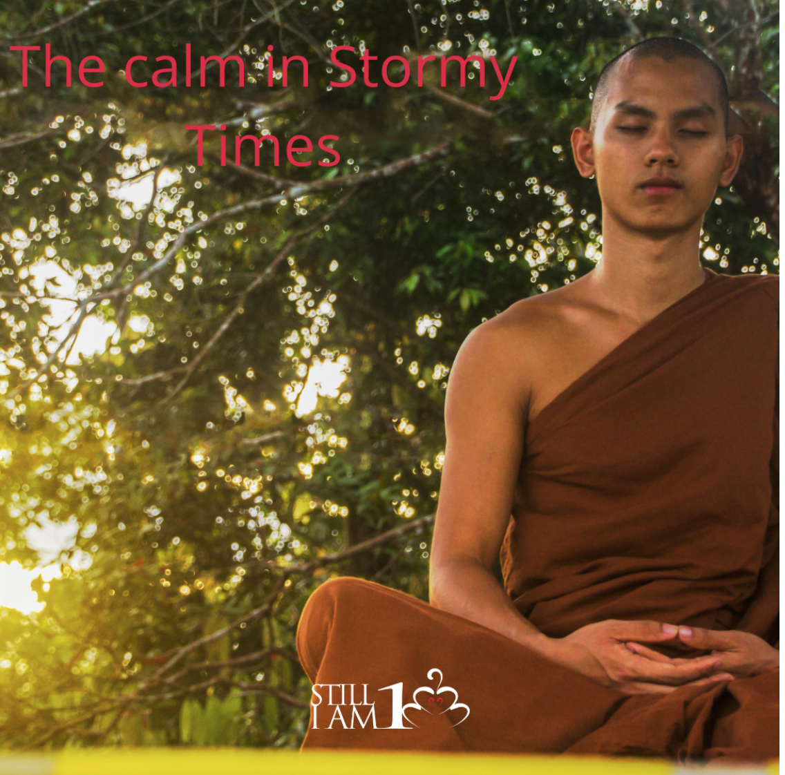 Monk meditating with his eyes closed in front of trees. Text says "The Calm in Stormy Times"